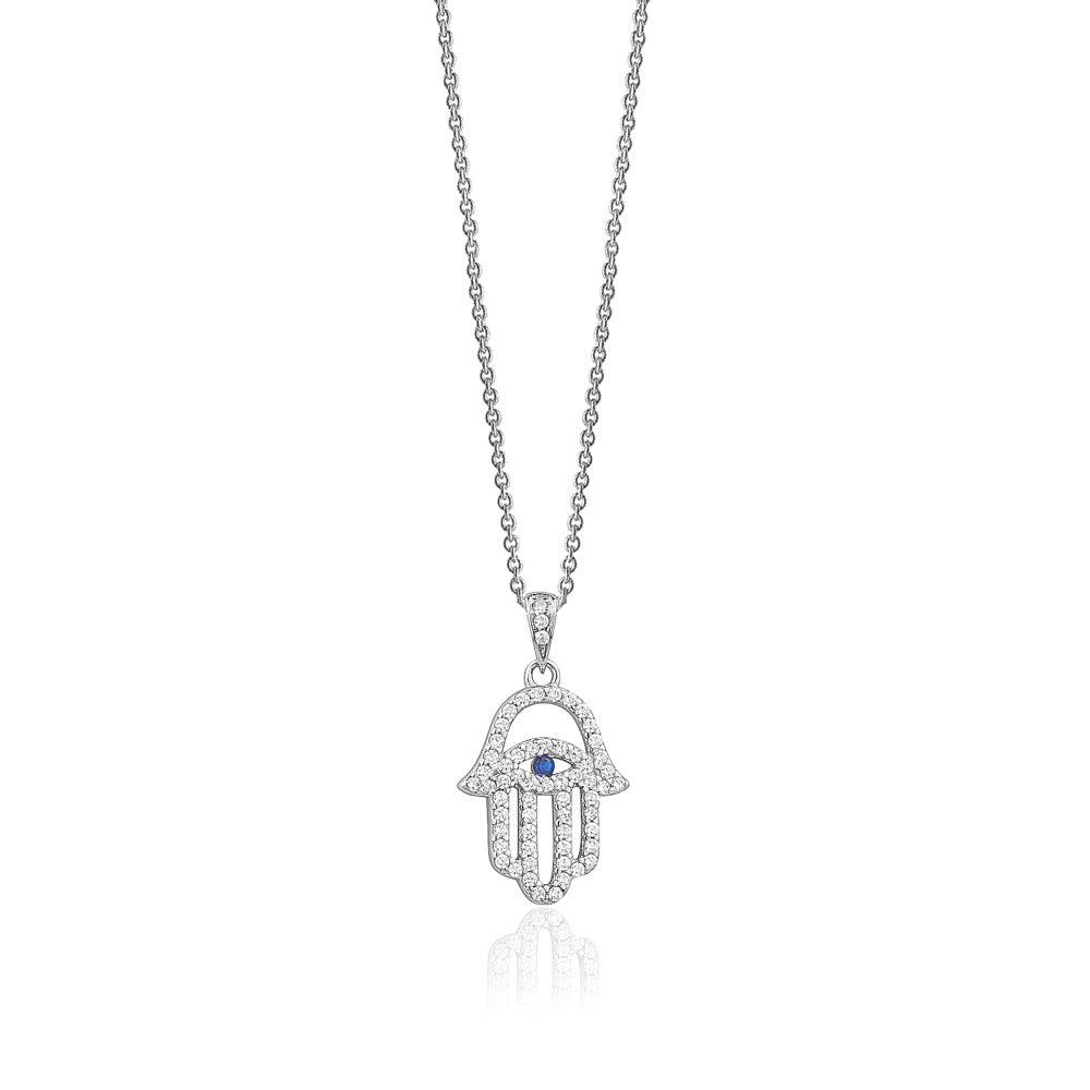 Sterling Silver Hamsa Necklace Pendant for Girls with Simulated Diamonds 17.5"