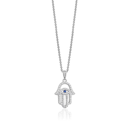 Sterling Silver Hamsa Necklace Pendant for Girls with Simulated Diamonds 17.5"