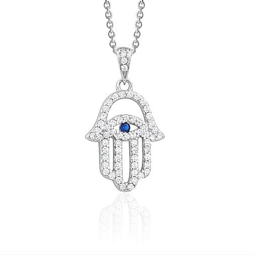 Sterling Silver Hamsa Necklace Pendant for Girls with Simulated Diamonds 17.5"