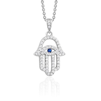 Sterling Silver Hamsa Necklace Pendant for Girls with Simulated Diamonds 17.5"