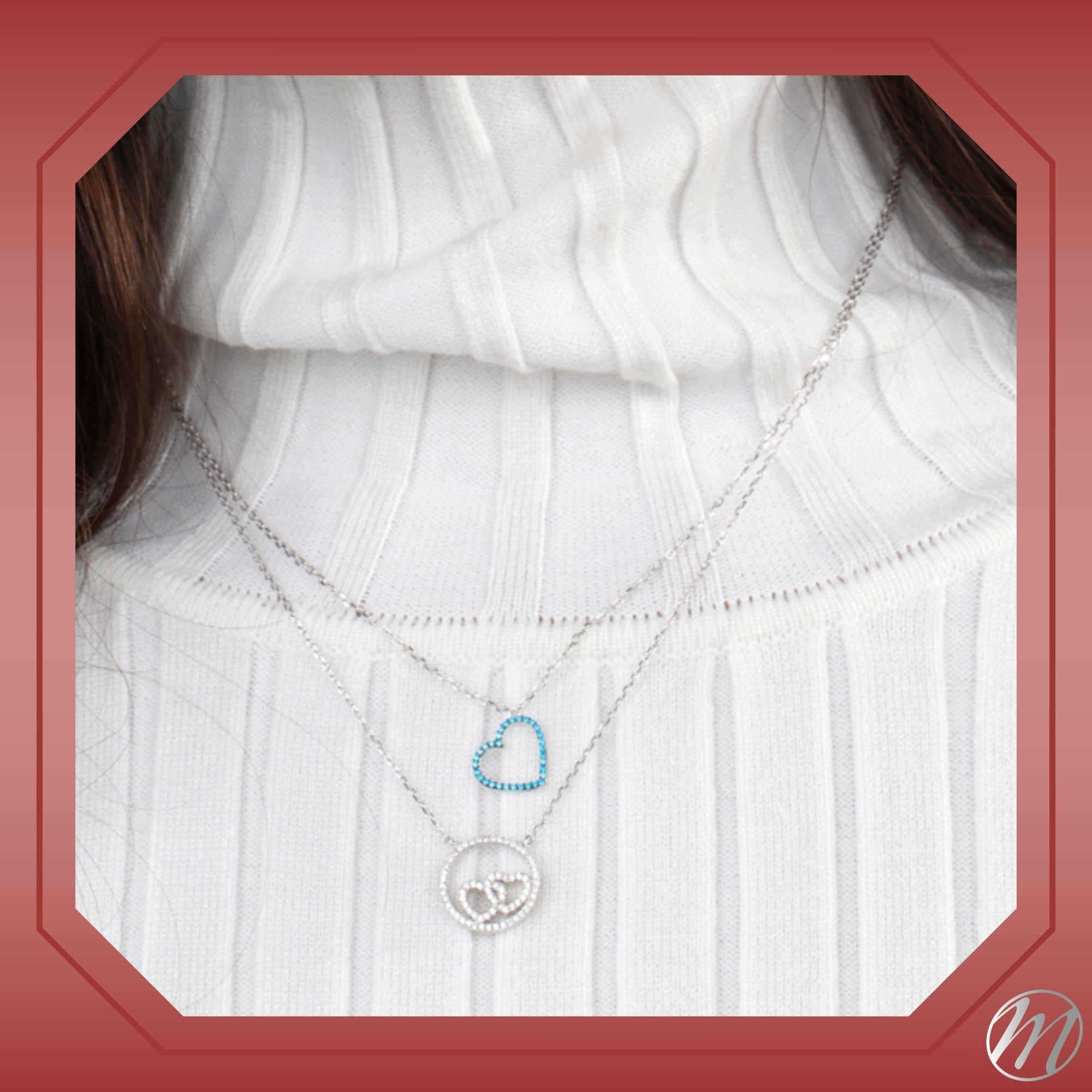 Sterling Silver Necklace Pendant for Girls Circle and Double Heart with Simulated Diamonds 17.5"