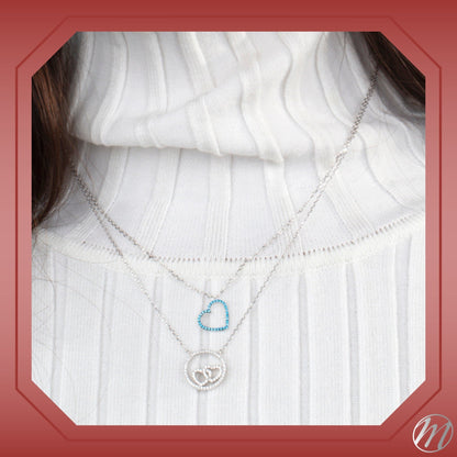 Sterling Silver Necklace Pendant for Girls Circle and Double Heart with Simulated Diamonds 17.5"