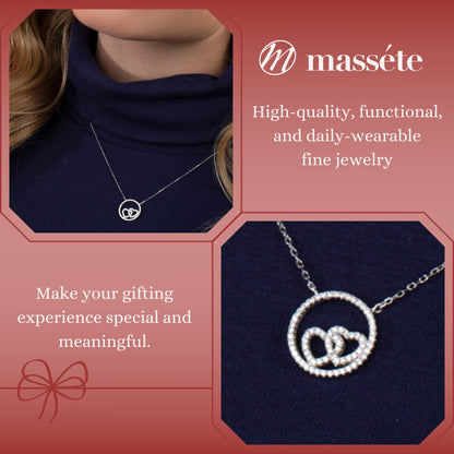 Sterling Silver Necklace Pendant for Girls Circle and Double Heart with Simulated Diamonds 17.5"