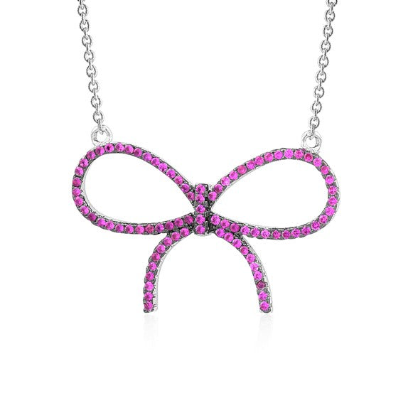 Sterling Silver Necklace Pendant for Girls Large Bow with Simulated Diamonds 17"
