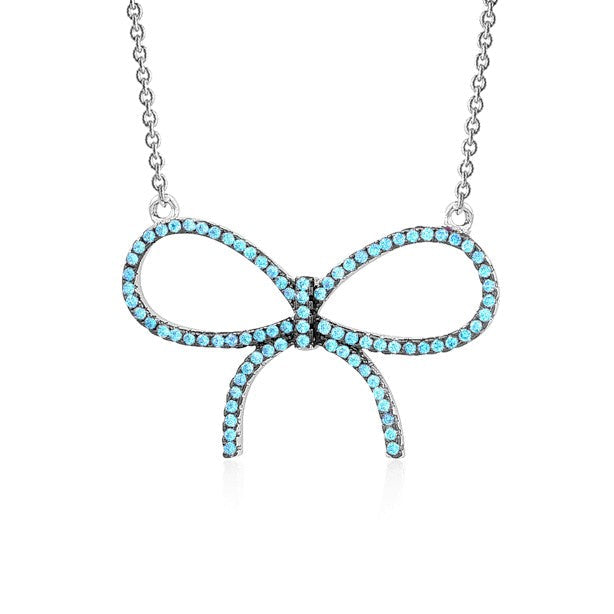Sterling Silver Necklace Pendant for Girls Large Bow with Simulated Diamonds 17"