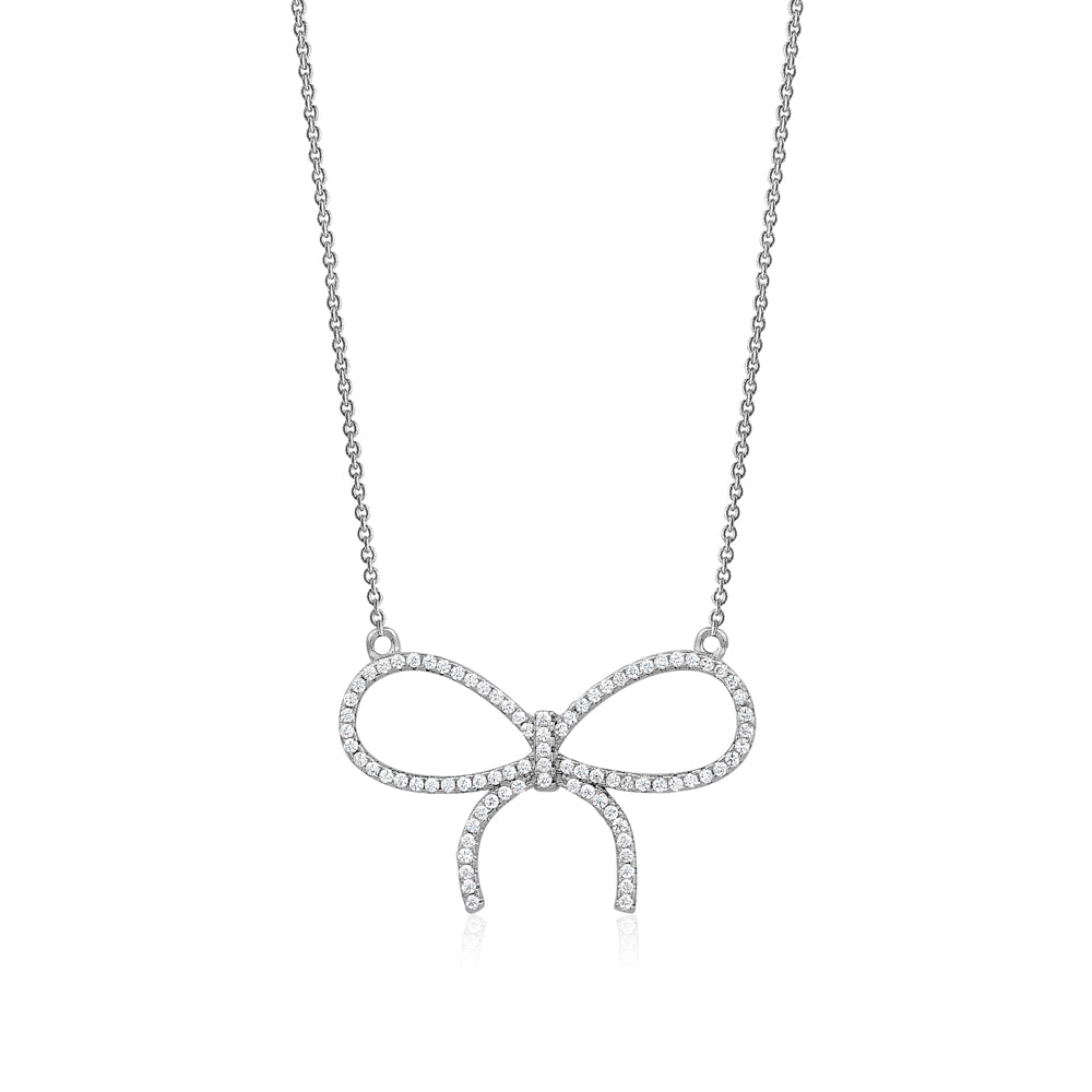 Sterling Silver Necklace Pendant for Girls Large Bow with Simulated Diamonds 17"