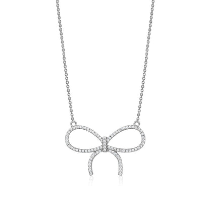 Sterling Silver Necklace Pendant for Girls Large Bow with Simulated Diamonds 17"