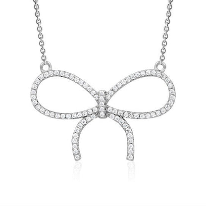 Sterling Silver Necklace Pendant for Girls Large Bow with Simulated Diamonds 17"