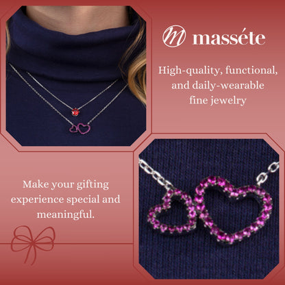 Sterling Silver Necklace Pendant for Girls Double Heart with Simulated Diamonds 17.5"