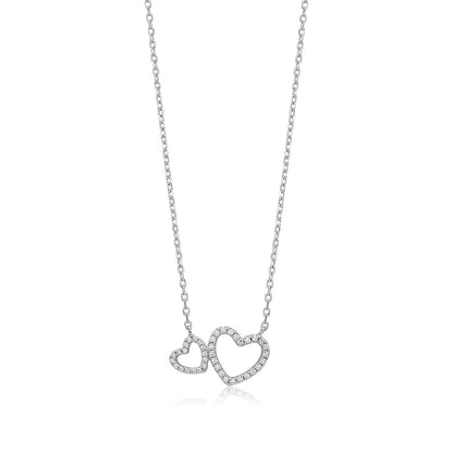 Sterling Silver Necklace Pendant for Girls Double Heart with Simulated Diamonds 17.5"