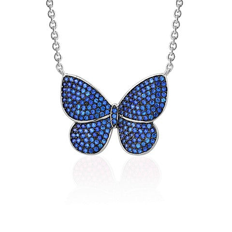 Sterling Silver Necklace Pendant for Girls Large Pretty Butterfly with Simulated Diamonds 17.5"