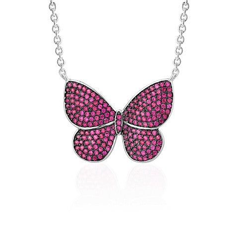 Sterling Silver Necklace Pendant for Girls Large Pretty Butterfly with Simulated Diamonds 17.5"