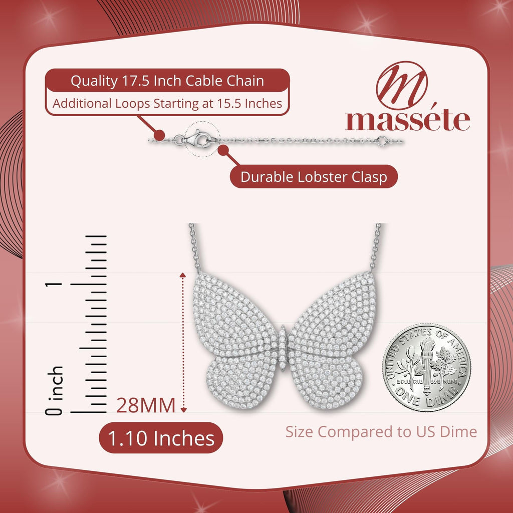 Sterling Silver Necklace Pendant for Girls Very Large Pretty Butterfly with Simulated Diamonds 18"