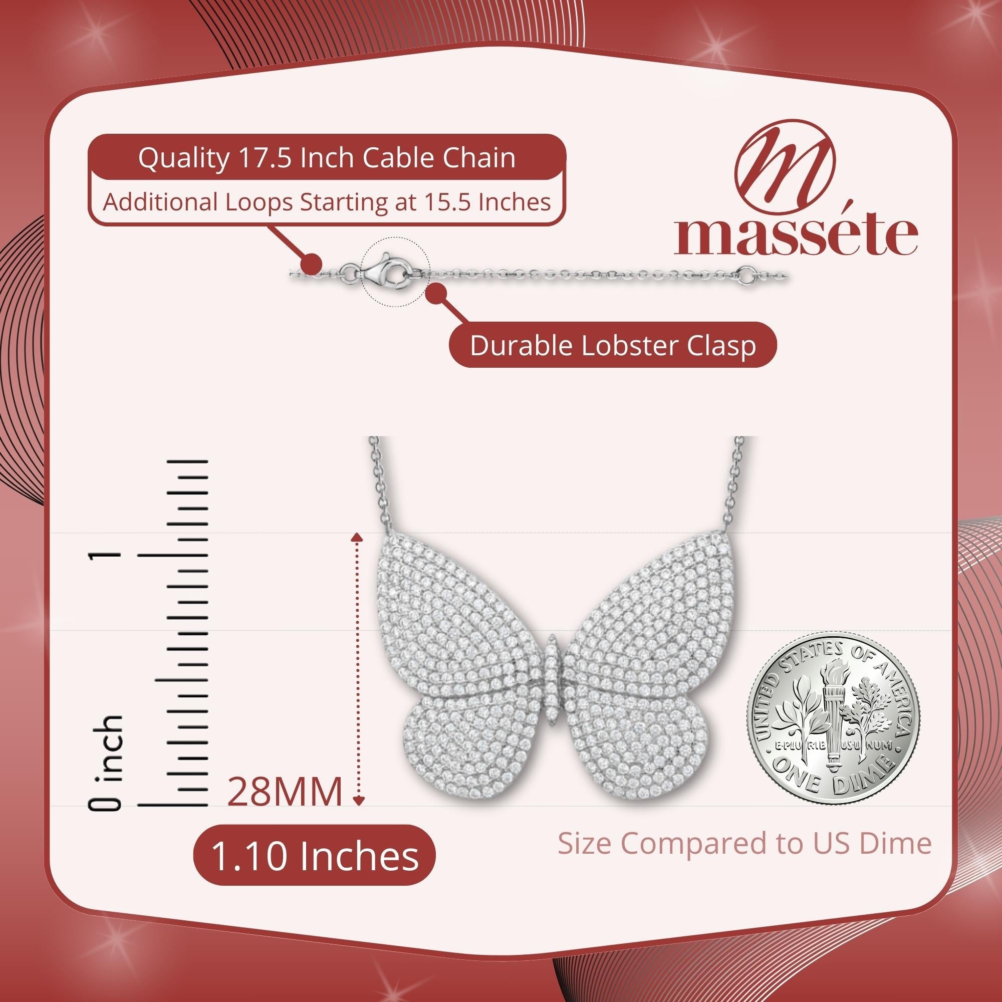 Sterling Silver Necklace Pendant for Girls Very Large Pretty Butterfly with Simulated Diamonds 18"