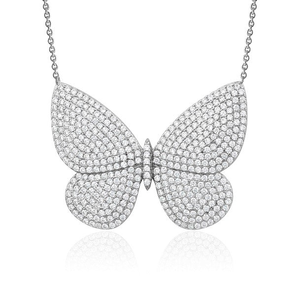 Sterling Silver Necklace Pendant for Girls Very Large Pretty Butterfly with Simulated Diamonds 18"