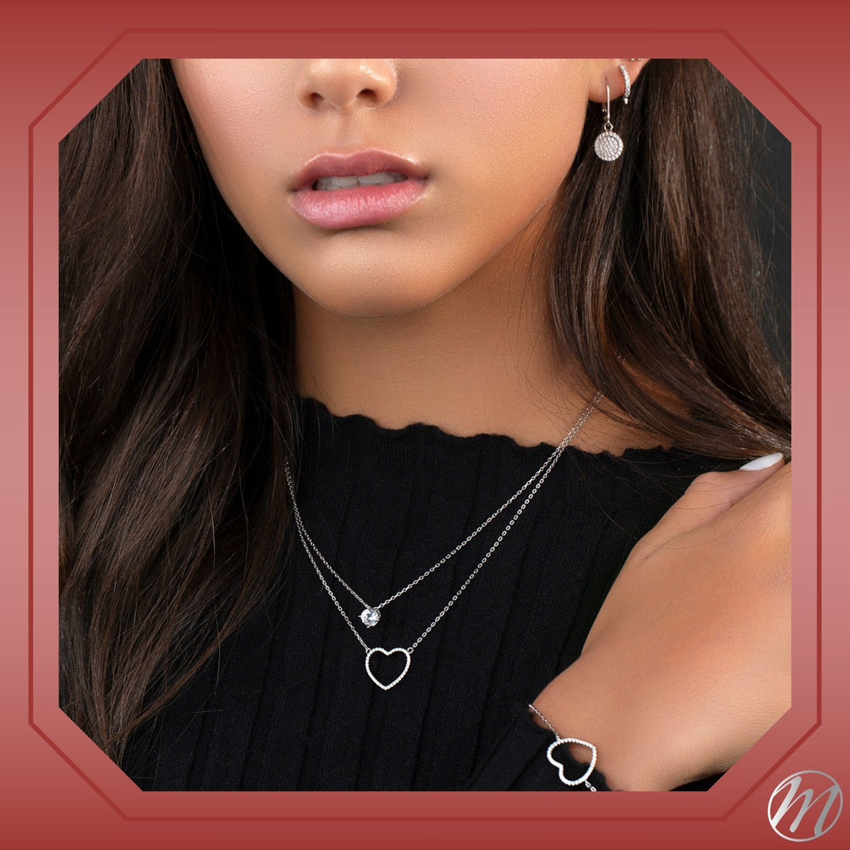 Sterling Silver Tilted Heart Necklace Pendant for Girls with Simulated Diamonds 17.5"