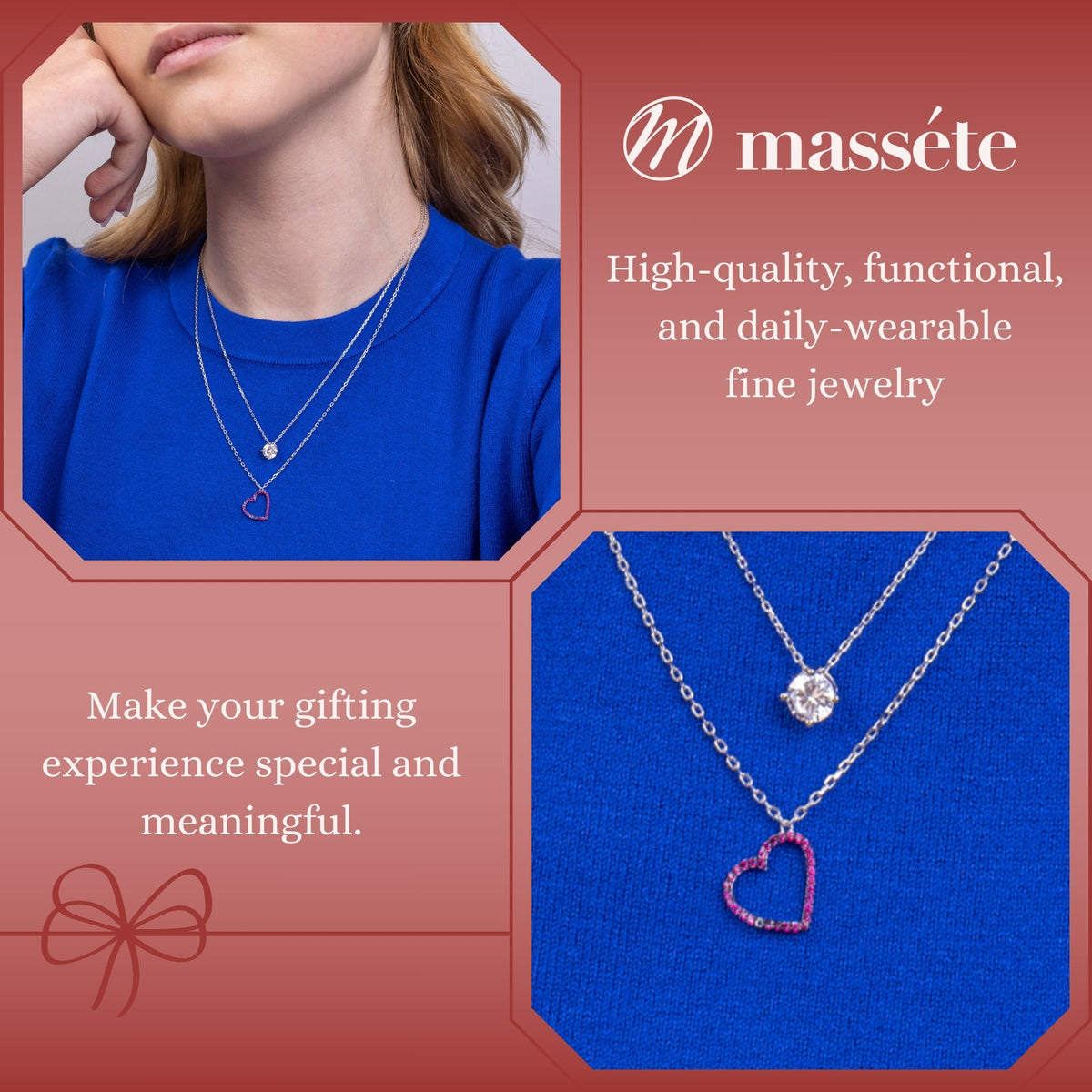 Sterling Silver Tilted Heart Necklace Pendant for Girls with Simulated Diamonds 17.5"