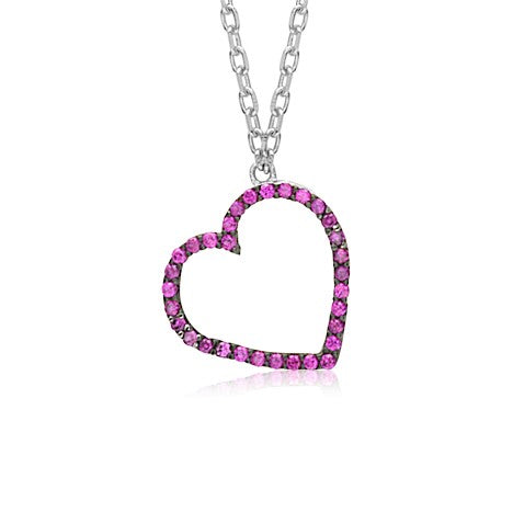 Sterling Silver Tilted Heart Necklace Pendant for Girls with Simulated Diamonds 17.5"