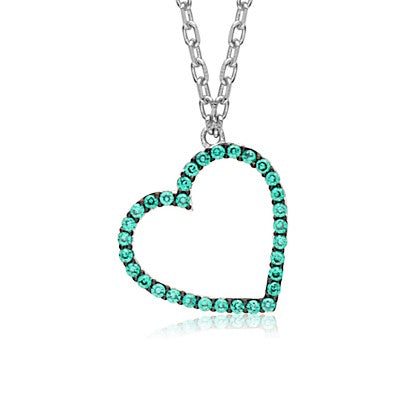 Sterling Silver Tilted Heart Necklace Pendant for Girls with Simulated Diamonds 17.5"