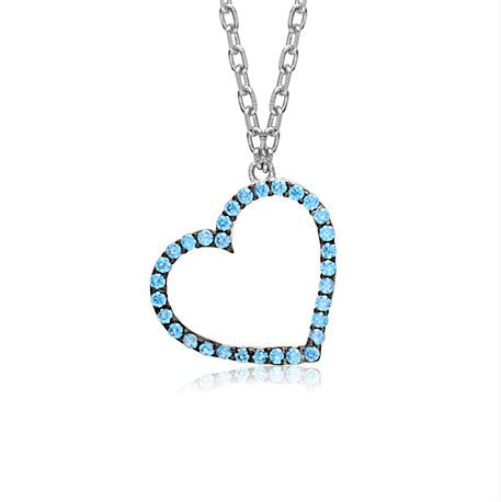 Sterling Silver Tilted Heart Necklace Pendant for Girls with Simulated Diamonds 17.5"