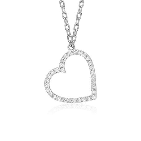 Sterling Silver Tilted Heart Necklace Pendant for Girls with Simulated Diamonds 17.5"
