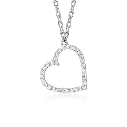 Sterling Silver Tilted Heart Necklace Pendant for Girls with Simulated Diamonds 17.5"