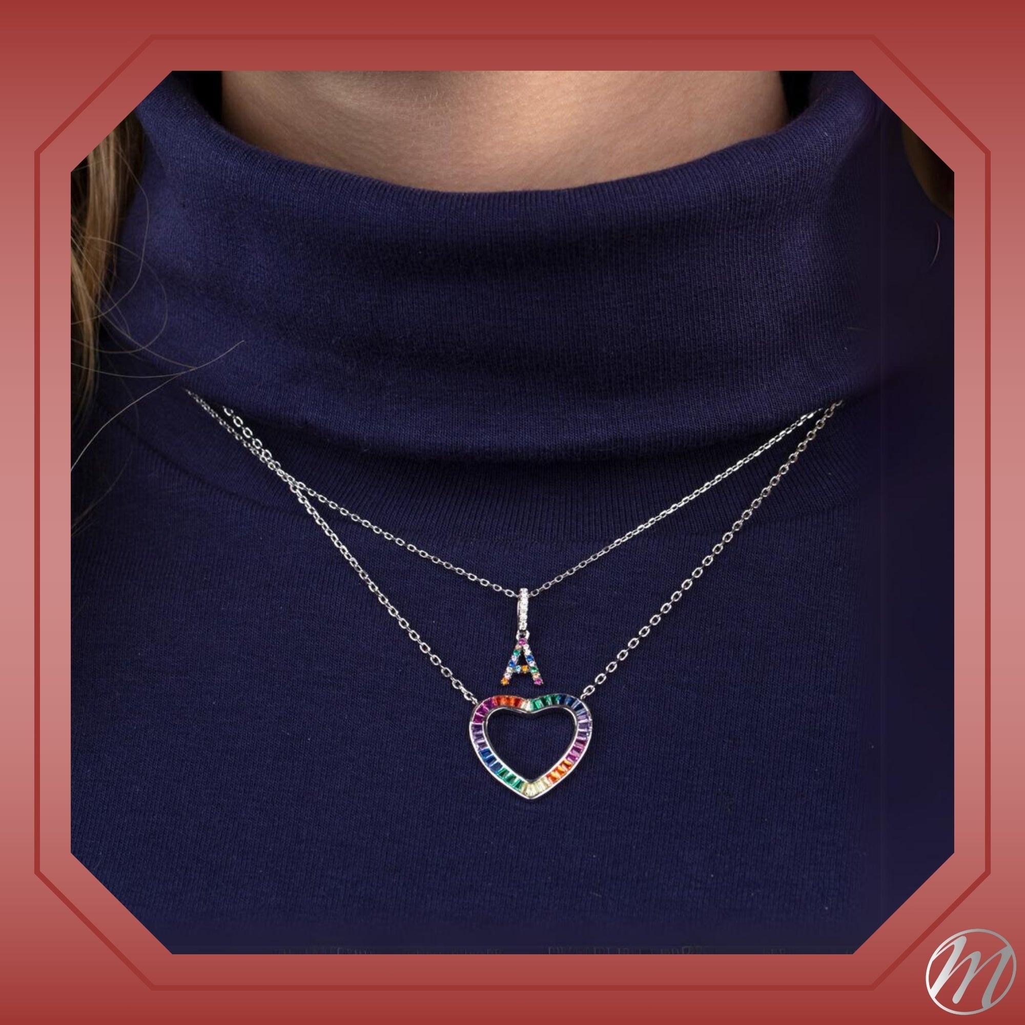 Sterling Silver Rainbow Heart Necklace Pendant for Girls Multi Color Simulated Gemstones tapered baguettes