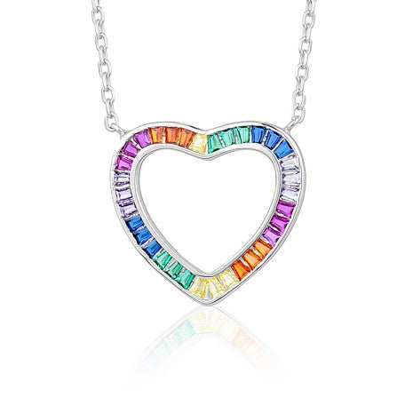 Sterling Silver Rainbow Heart Necklace Pendant for Girls Multi Color Simulated Gemstones tapered baguettes