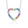 Sterling Silver Rainbow Heart Necklace Pendant for Girls Multi Color Simulated Gemstones tapered baguettes