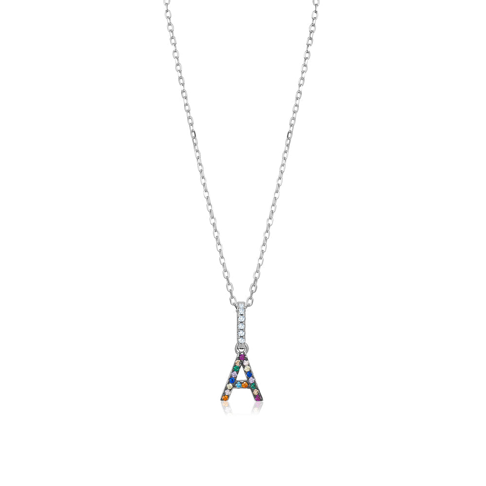 Sterling Silver Initial Necklace Pendant for Girls Multi Color Rainbow Simulated Gemstones Letters