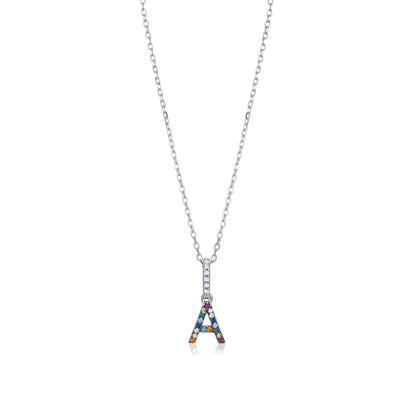 Sterling Silver Initial Necklace Pendant for Girls Multi Color Rainbow Simulated Gemstones Letters