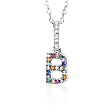 Sterling Silver Initial Necklace Pendant for Girls Multi Color Rainbow Simulated Gemstones Letters