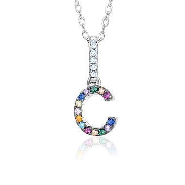 Sterling Silver Initial Necklace Pendant for Girls Multi Color Rainbow Simulated Gemstones Letters