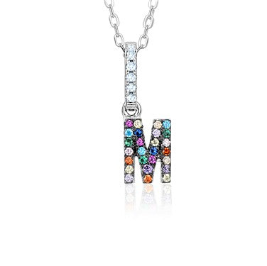 Sterling Silver Initial Necklace Pendant for Girls Multi Color Rainbow Simulated Gemstones Letters