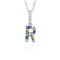 Sterling Silver Initial Necklace Pendant for Girls Multi Color Rainbow Simulated Gemstones Letters