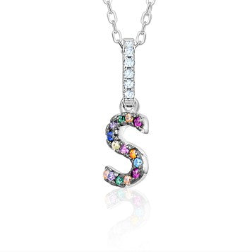 Sterling Silver Initial Necklace Pendant for Girls Multi Color Rainbow Simulated Gemstones Letters
