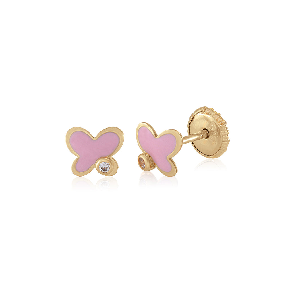 MASSETE 14k Yellow Gold Screwback Earrings Butterfly Pink and CZ Accent for Children