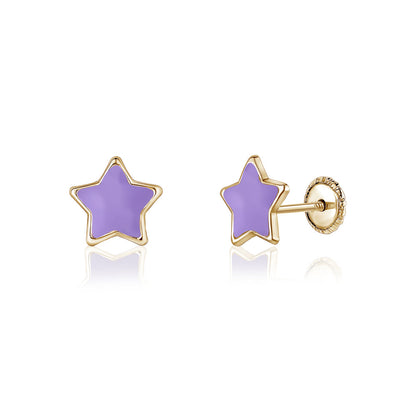 14k Yellow Gold Star Earrings Girls Teens Screwback Enamel