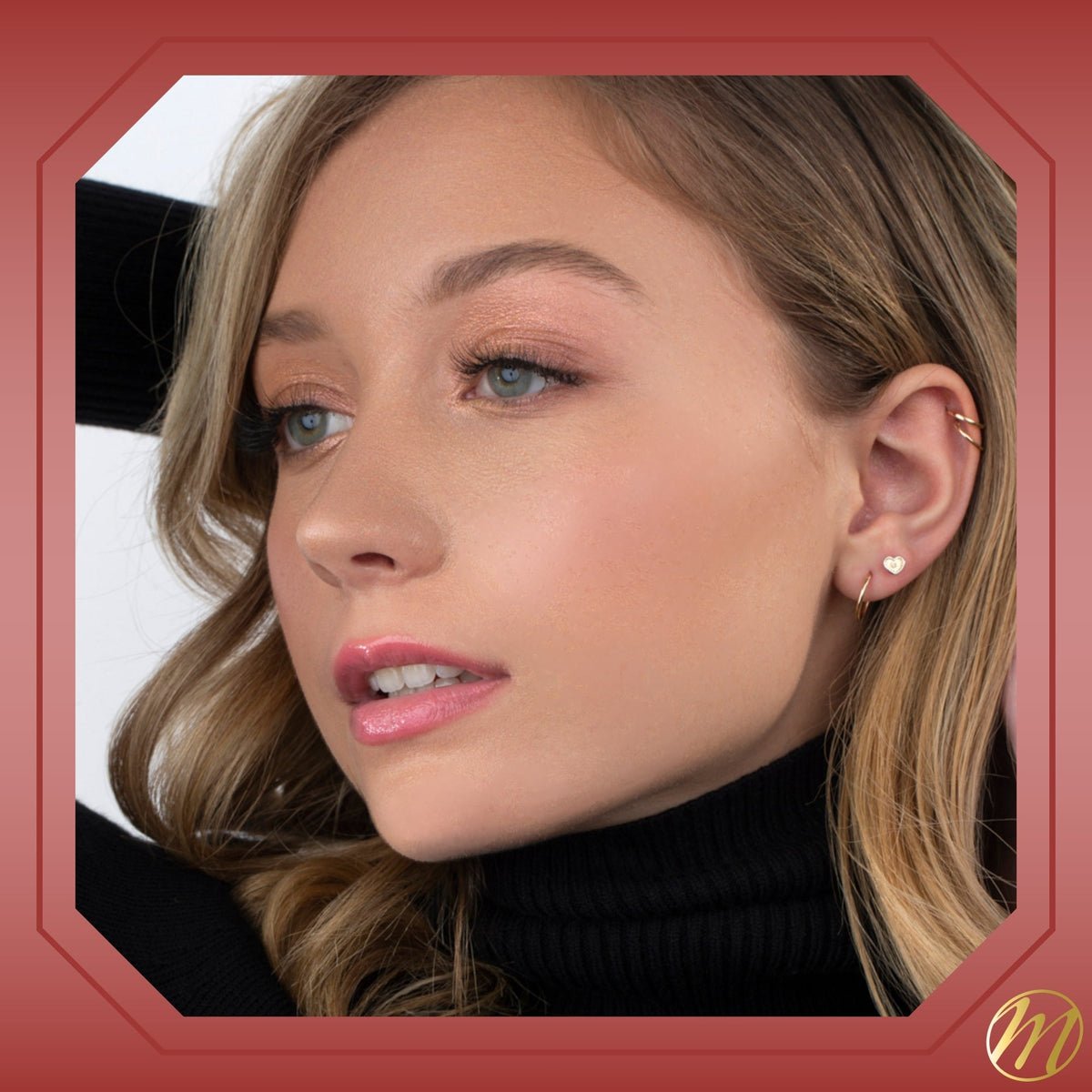 14k Yellow White Gold Heart Earrings Stud Post Sun Rays Design Simulated Diamond Screwback Closure