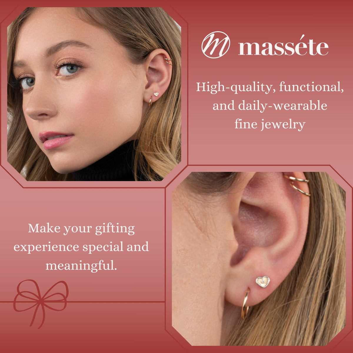 14k Yellow White Gold Heart Earrings Stud Post Sun Rays Design Simulated Diamond Screwback Closure