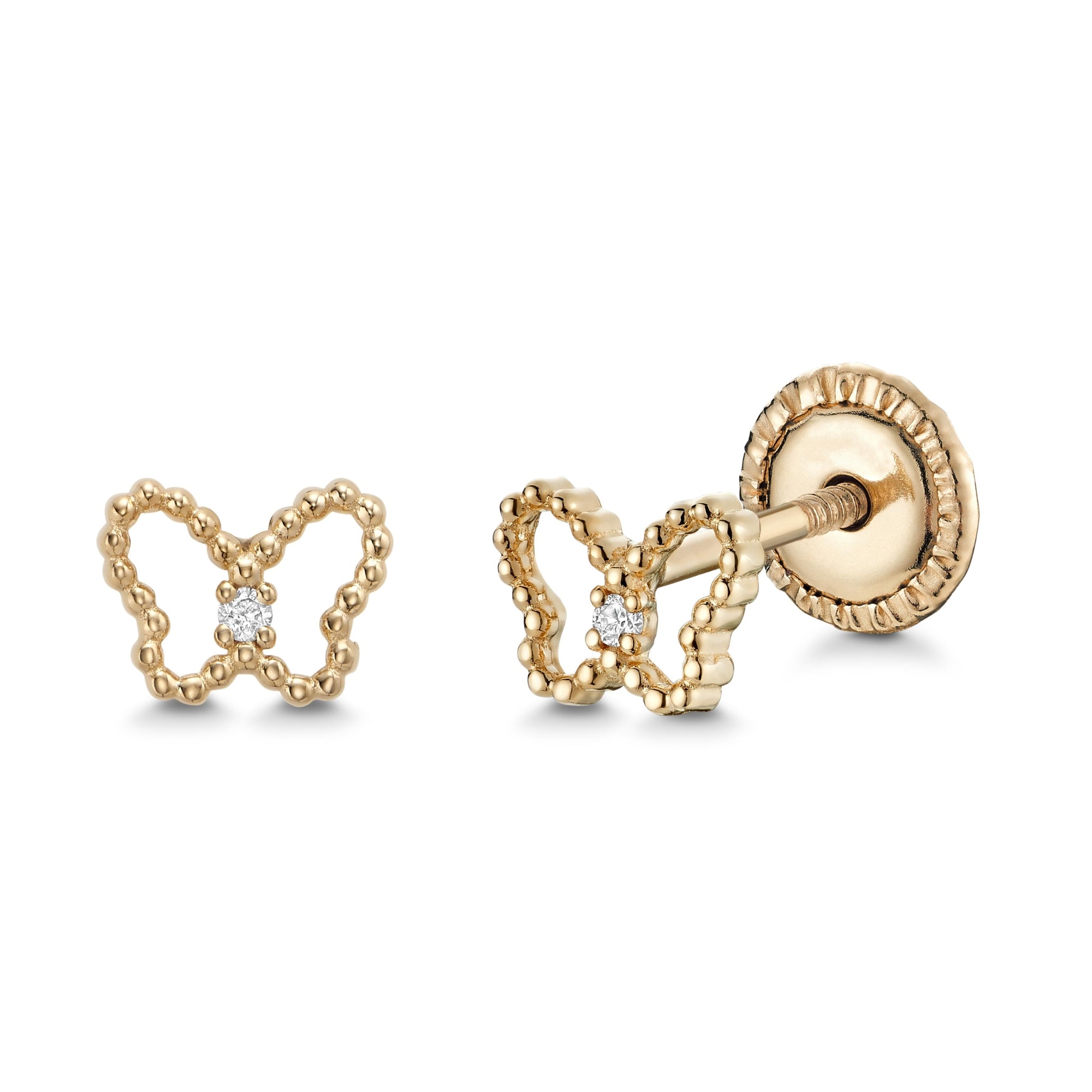 14k Yellow Gold Filigree Butterfly Stud Earrings with Diamond Center and Secure Screwback Closure
