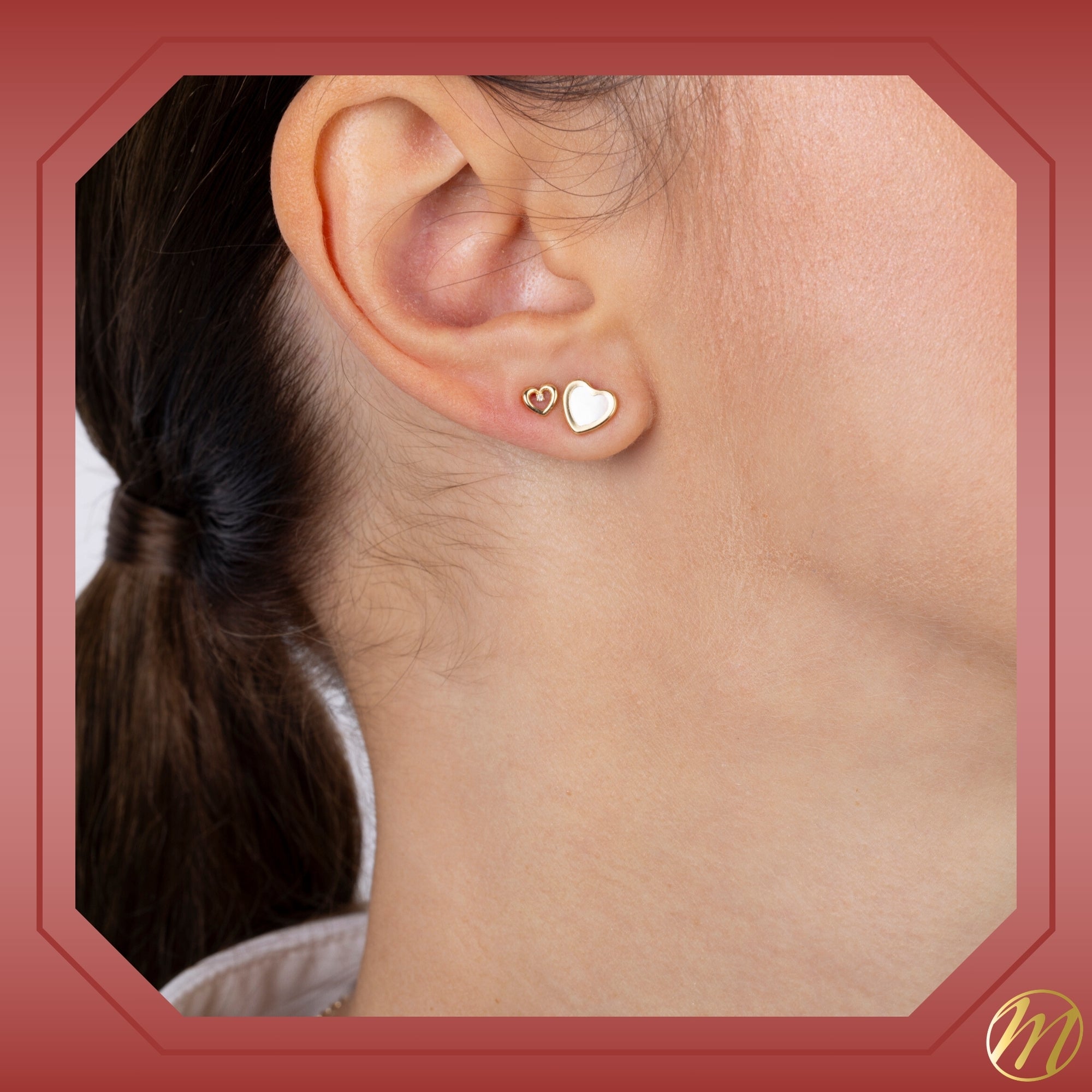 14k Yellow Gold Tiny Heart Stud Earrings for Girls with Diamond Center and Secure Screwback Closure