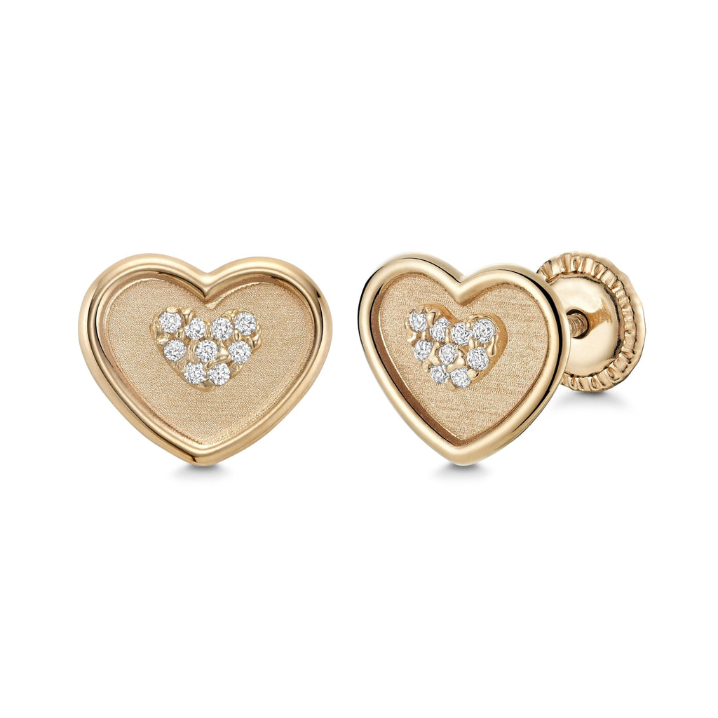 14k Yellow Gold Heart-in-Heart Earrings Stud with Simulated Diamonds in Center Covered Screwback Closure for Girls and Women