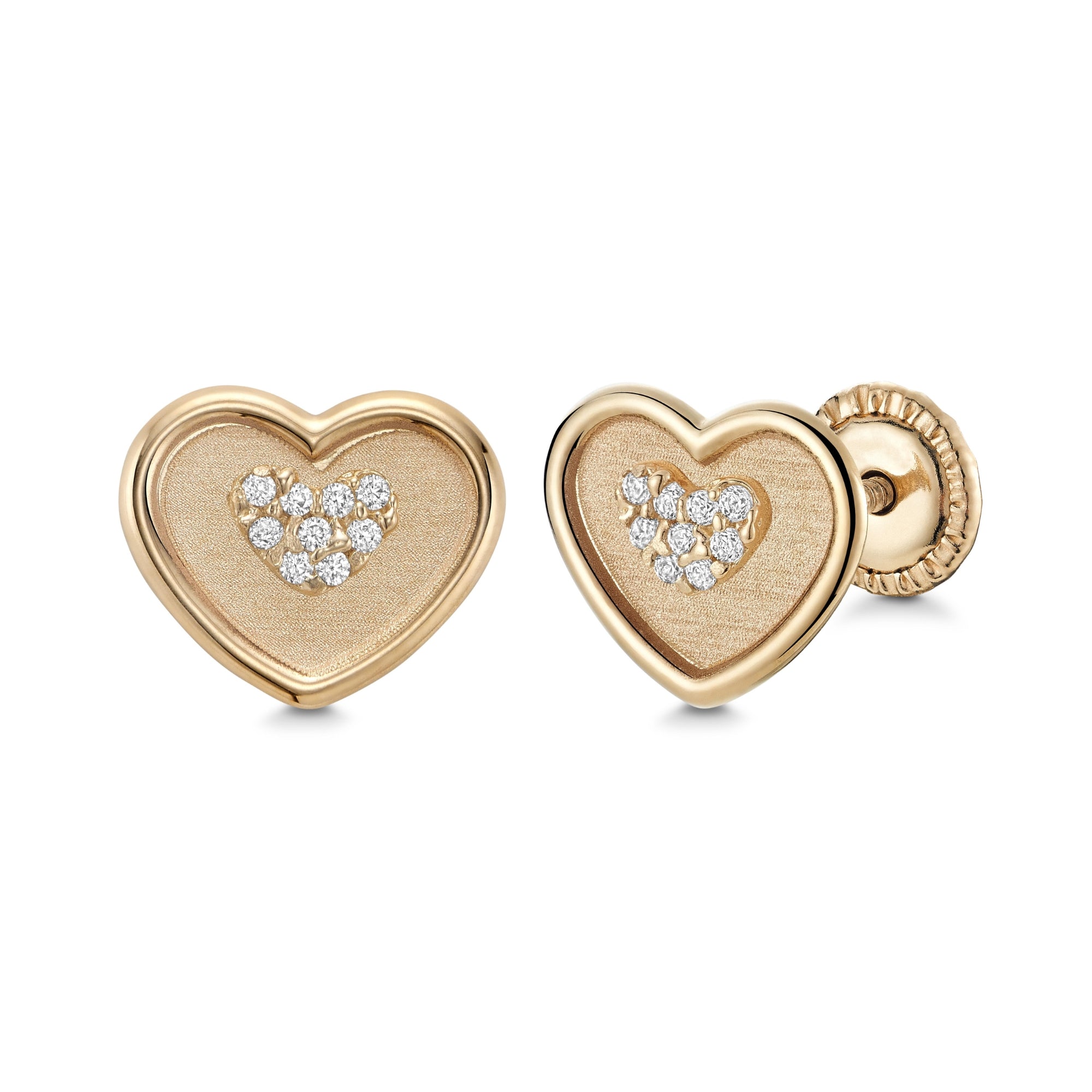 14k Yellow Gold Heart-in-Heart Earrings Stud with Simulated Diamonds in Center Covered Screwback Closure for Girls and Women