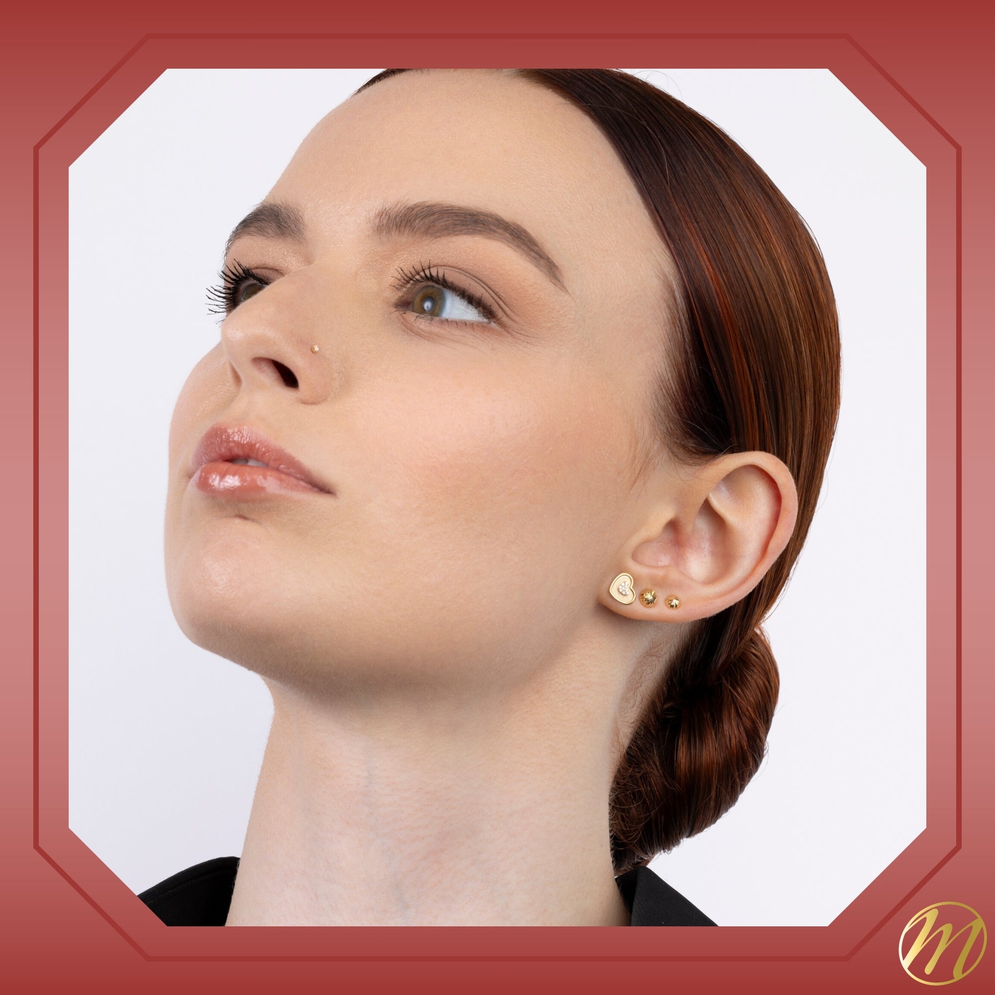 14k Yellow Gold Heart-in-Heart Earrings Stud with Simulated Diamonds in Center Covered Screwback Closure for Girls and Women