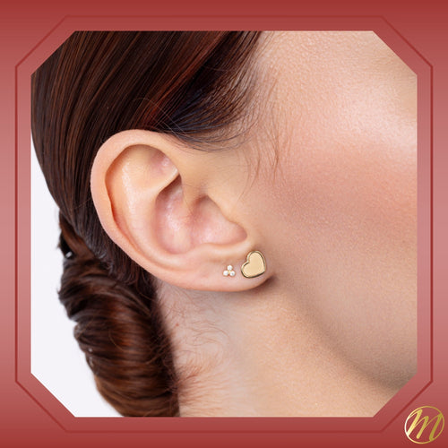 14k Yellow Gold Heart Stud Earrings Matte Finish, Covered Screwback Closure for Girls and Women
