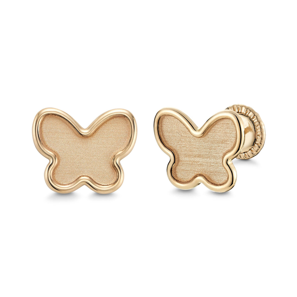 14k Yellow Gold Butterfly Stud Earrings Matte Finish, Covered Screwback Closure for Girls and Women