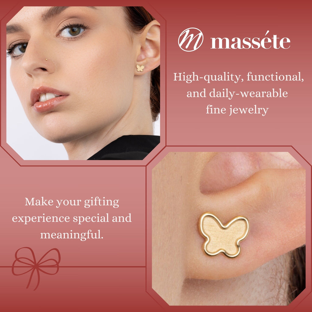14k Yellow Gold Butterfly Stud Earrings Matte Finish, Covered Screwback Closure for Girls and Women