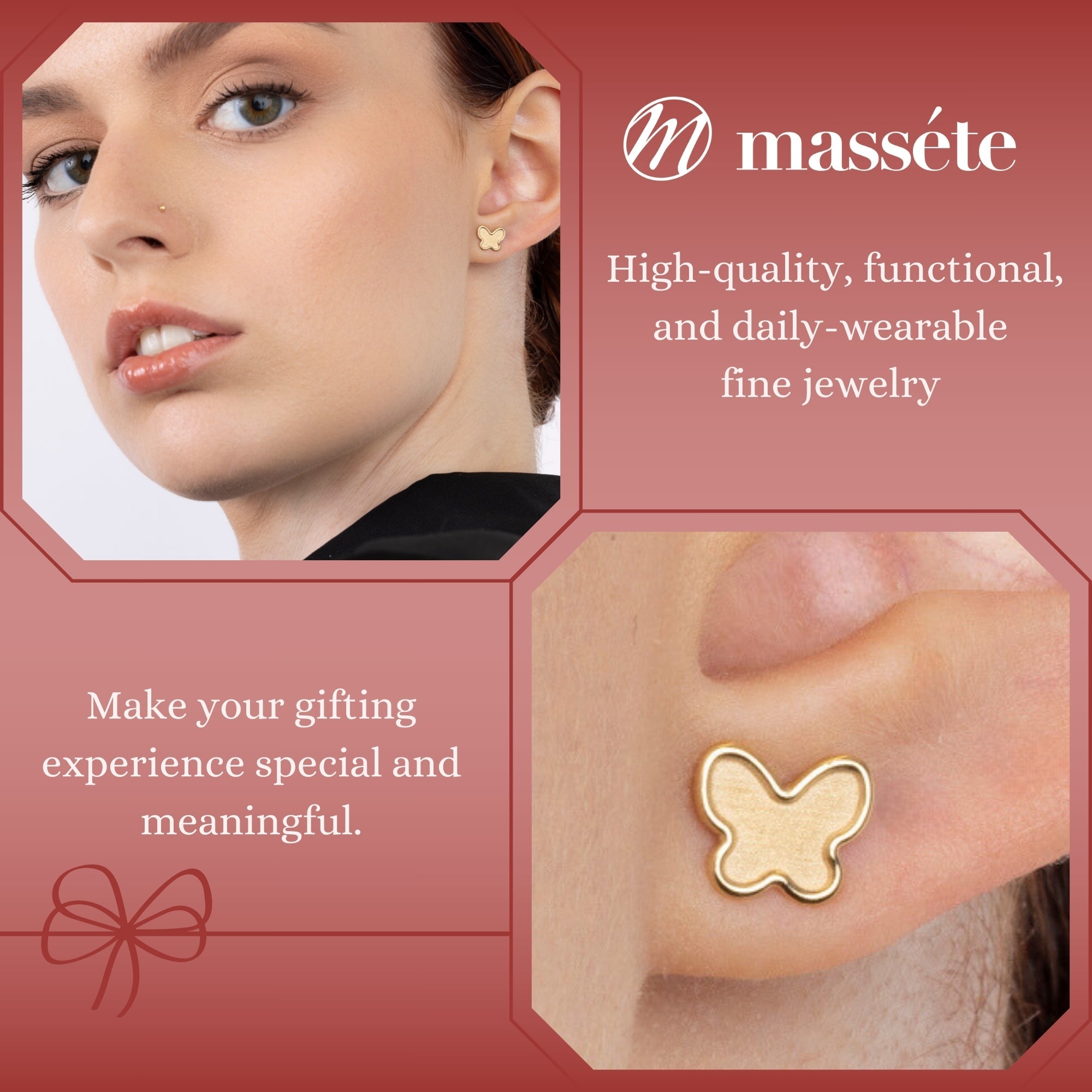 14k Yellow Gold Butterfly Stud Earrings Matte Finish, Covered Screwback Closure for Girls and Women