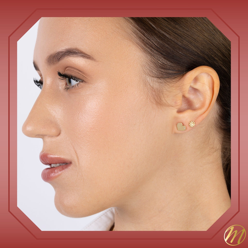 14k Yellow Gold Shiny Flat Heart Stud Earrings with Simulated Diamond, Covered Screwback Closure for Girls and Women